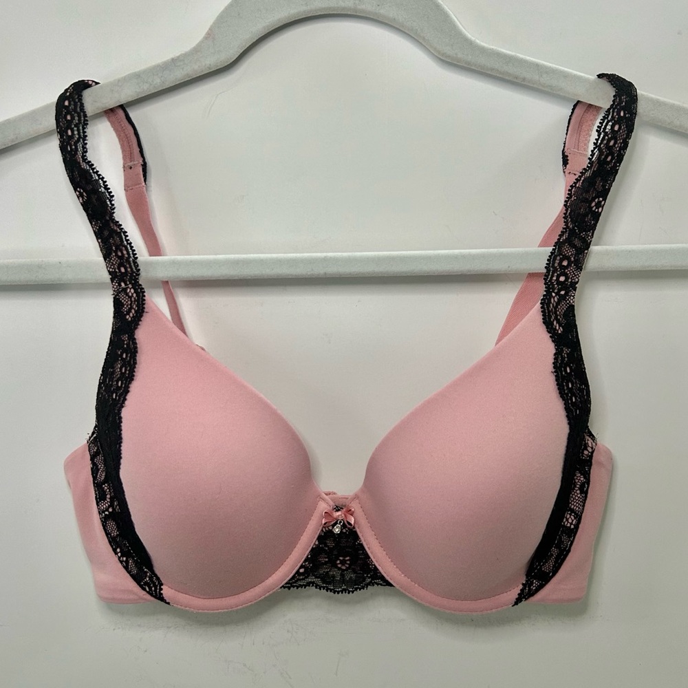 Soma Embraceable Demi Lace Trim Pink & Black Lace Bra 32C